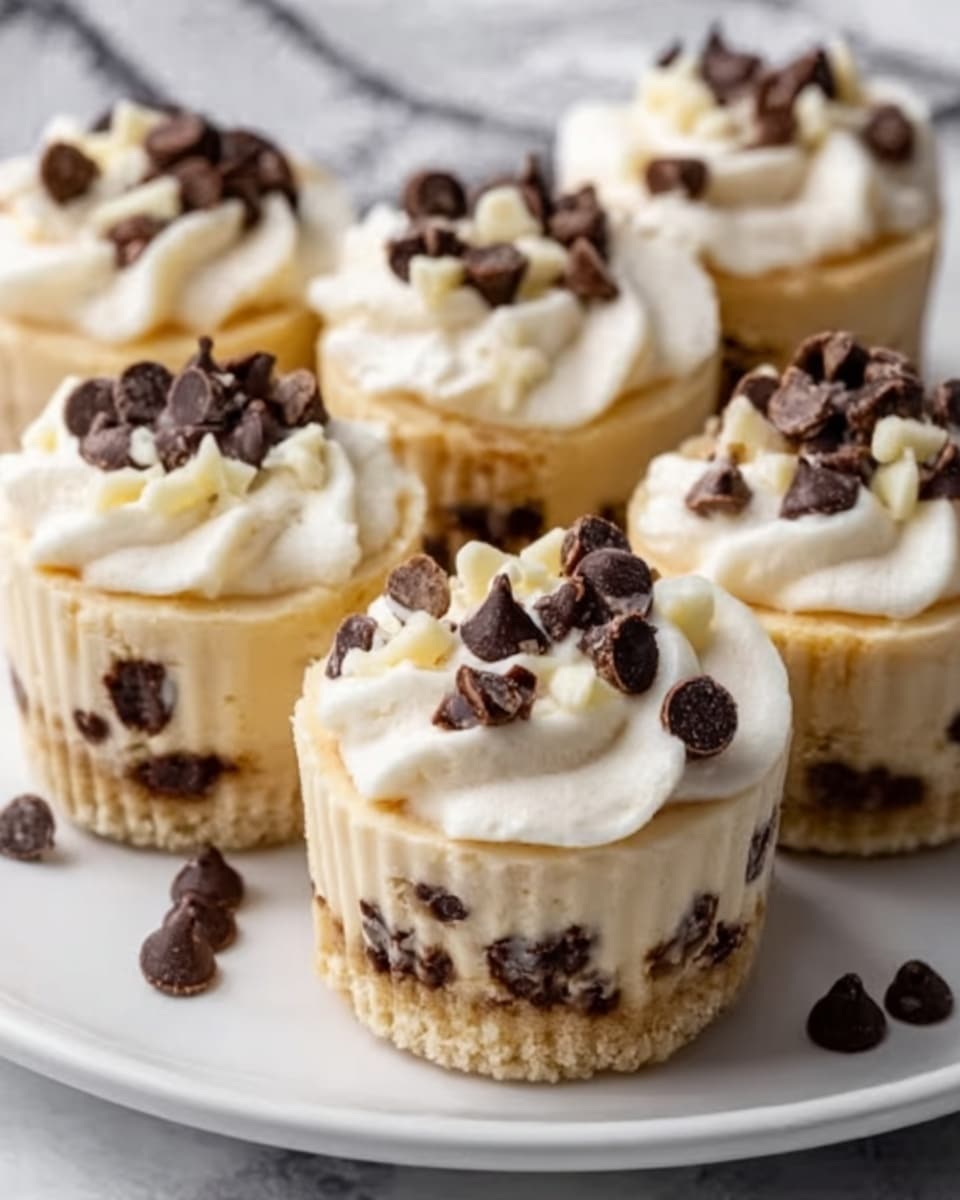 The image shows several mini cheesecakes on a white plate with a white marbled surface background. Each cheesecake has multiple layers: a light yellow base layer that looks creamy, a middle layer filled with small dark chocolate chips, and a top thick layer of white cream. On the white cream top, there are scattered dark chocolate chips and small white chocolate curls. The texture of the cheesecake is smooth and soft, and the chocolate chips add a rough pattern. The lighting highlights the creamy and rich texture of the dessert. photo taken with an iphone --ar 4:5 --v 7