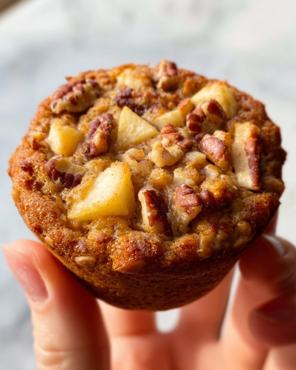 A close-up of a small round muffin held by a woman's hand, showing a golden brown top with chunks of light yellow apple pieces and scattered dark brown pecans baked into a soft, slightly crumbly surface. The muffin has a textured crust with a mix of smooth and rough areas, and the light shines softly from the side. The background is a white marbled texture. photo taken with an iphone --ar 4:5 --v 7