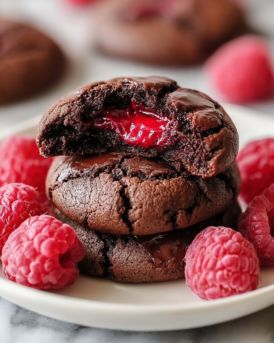 Two rich chocolate cookies are stacked on a white plate with a white marbled surface. The top cookie is broken open, showing a bright red raspberry filling inside. The cookies have a cracked, shiny chocolate surface with a soft, dark brown texture underneath. Around the cookies, there are fresh whole raspberries with a bumpy texture and bright pinkish-red color. The background is softly blurred, focusing attention on the cookies and raspberries. Photo taken with an iphone --ar 4:5 --v 7