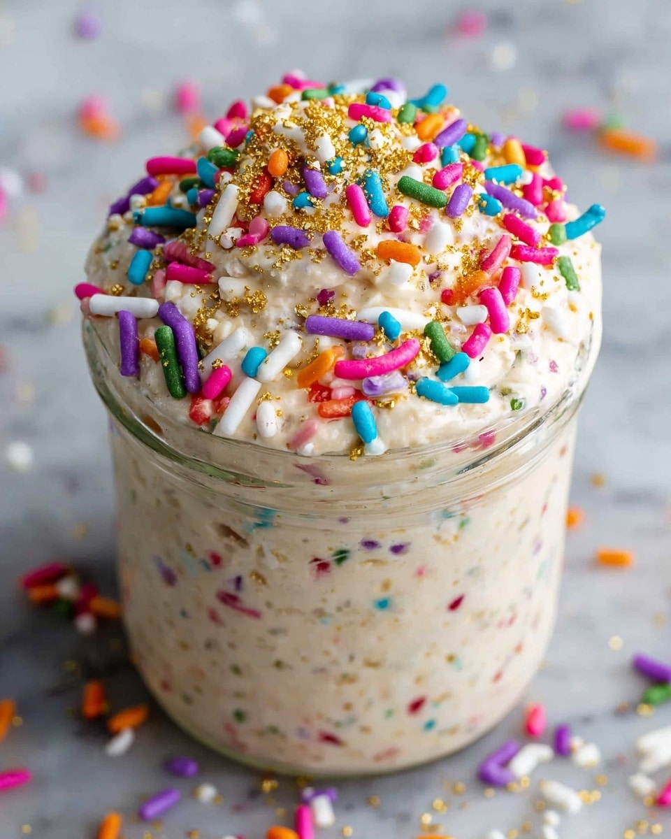 A clear glass jar filled with a creamy, light beige mousse-like dessert that has small colorful sprinkles mixed inside. The dessert slightly overflows the rim of the jar, topped with a generous layer of bright multi-colored cylindrical sprinkles in pink, blue, green, yellow, purple, white, orange, and red, with some tiny golden granules sprinkled on top. The jar is placed on a white marbled surface with scattered sprinkles around it. photo taken with an iphone --ar 4:5 --v 7