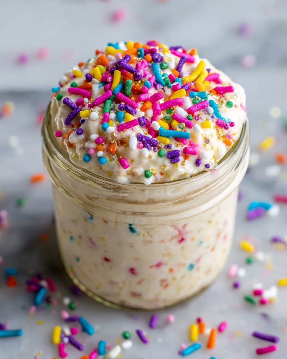 A close view of a small clear glass jar filled with a creamy, off-white dessert that has small colorful sprinkles mixed inside. The top layer is thick and textured, covered generously with bright, colorful cylinder-shaped sprinkles in pink, yellow, purple, blue, green, orange, and white. The jar is placed on a white marbled surface with scattered sprinkles around it. Photo taken with an iphone --ar 4:5 --v 7