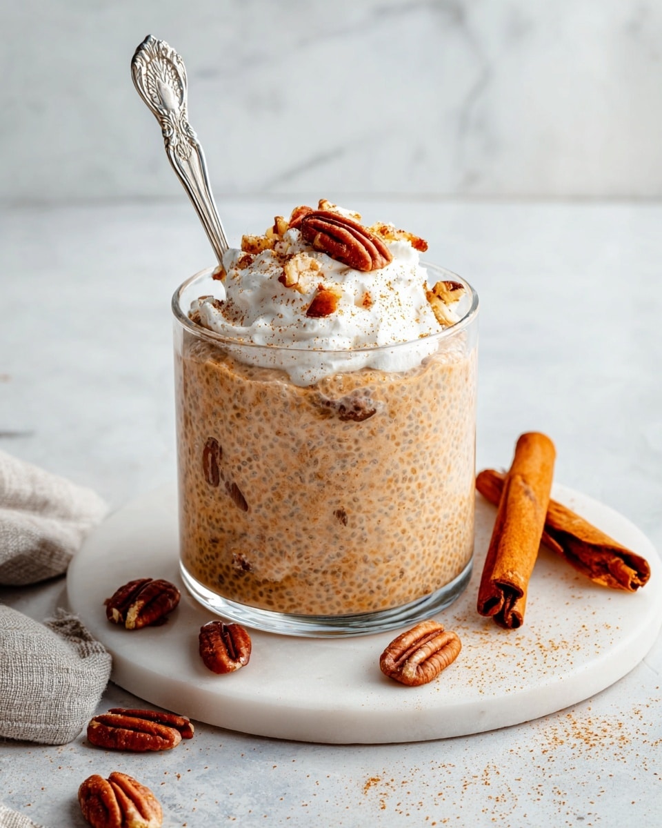 A clear glass filled with a creamy light brown mixture containing small chia seeds, topped with a dollop of white whipped cream sprinkled with cinnamon and scattered pecan pieces, some pecans also floating inside the mixture. The glass is placed on a round white marble slab, which also holds two cinnamon sticks and some loose pecan halves. The background has a soft white marbled texture, and a silver spoon with an ornate handle stands inside the glass. Photo taken with an iphone --ar 4:5 --v 7