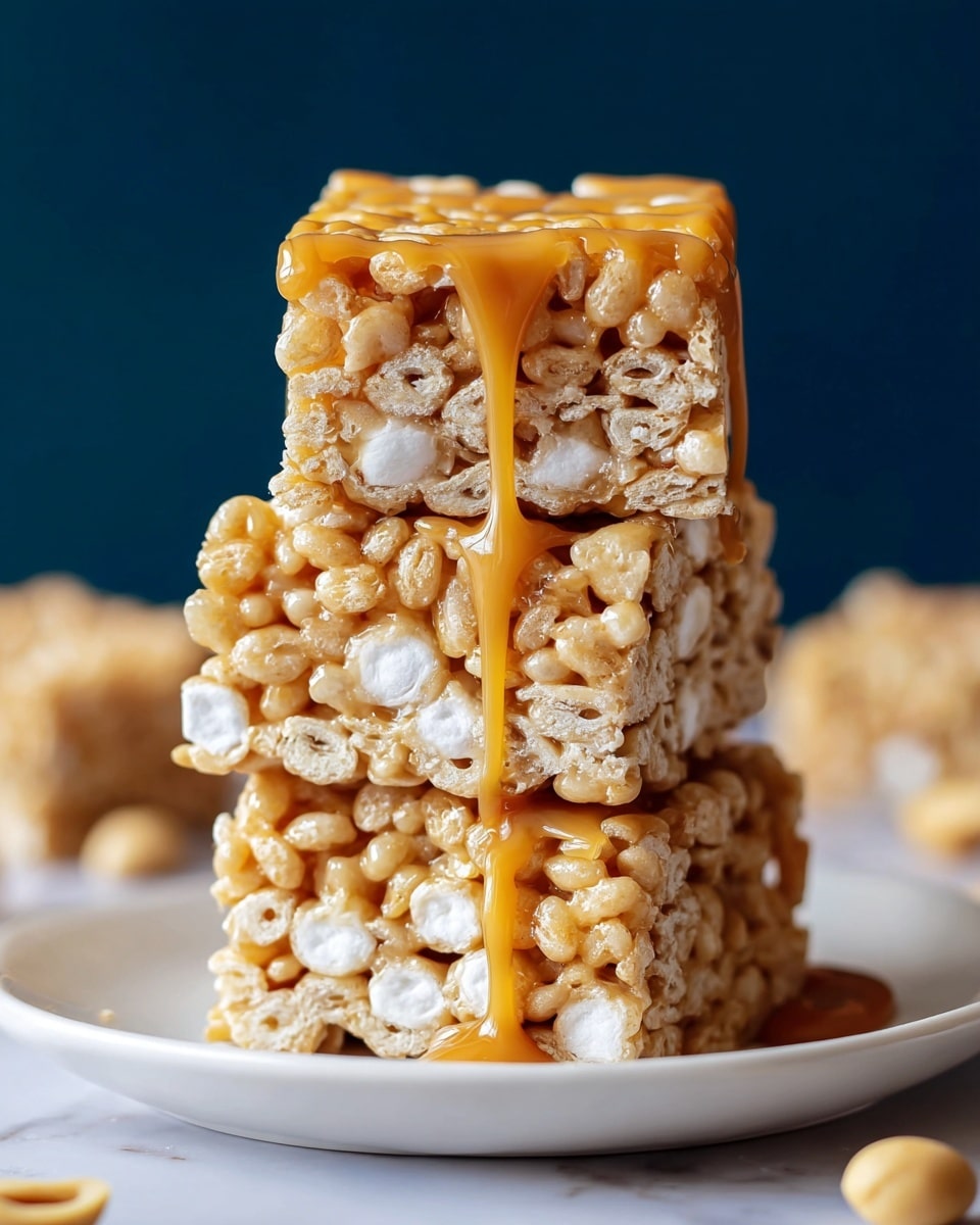 A stack of three square-shaped crispy rice treats sits on a white plate, each layer showing the light beige puffed rice and white marshmallow pieces bound together. The top two squares have a thick golden caramel drizzle slowly flowing down their sides, adding a glossy shine and sticky texture. The background is deep blue, with a few light-colored nuts scattered near the plate, all placed on a white marbled texture surface. The image is close up, highlighting the crunchy, airy texture of the treats and the smooth caramel topping. photo taken with an iphone --ar 4:5 --v 7