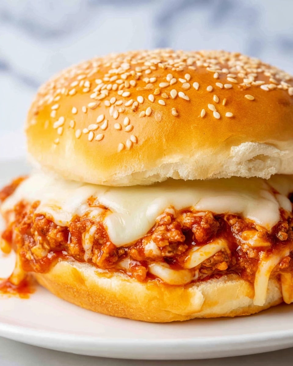 The image shows a close-up of a sandwich with three main layers inside a sesame seed bun. The top layer is the golden-brown, sesame-speckled bun, soft and slightly shiny. Below it, there is a layer of melted white cheese that looks smooth and stringy. The bottom filling layer is a chunky red sauce mixed with bits of browned meat, creating a rich and textured look. The sandwich is placed on a white plate and the background is a white marbled texture. photo taken with an iphone --ar 4:5 --v 7