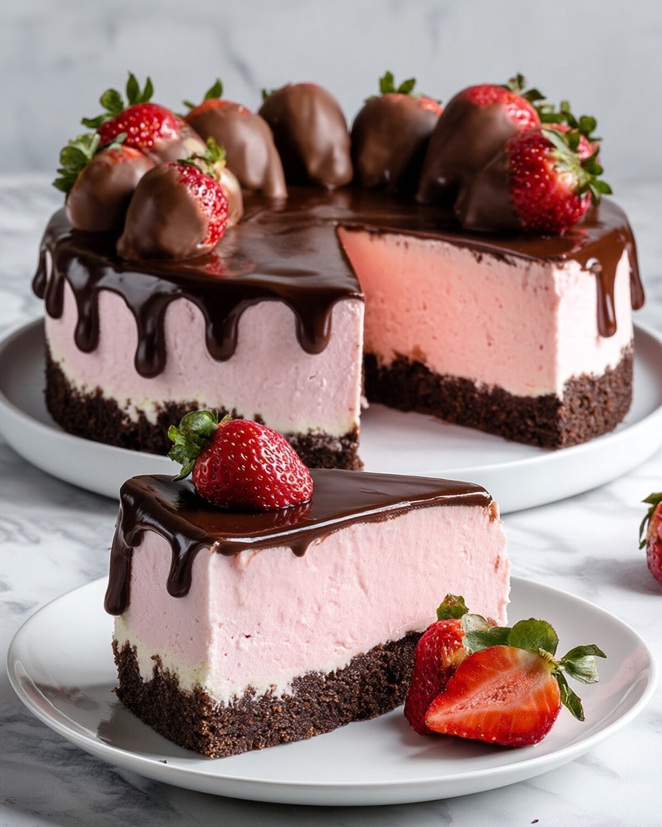 A round cake with three distinct layers sits on a white plate on a white marbled surface. The bottom layer is a dark brown crumbly crust, the middle layer is a thick, smooth pink mousse filling, and the top layer is a glossy dark chocolate glaze that drips down the sides unevenly. The cake is decorated with whole fresh red strawberries and some dipped in chocolate on top, arranged around the edge. A slice of the cake is cut and placed on a smaller white plate in the front, showing the clean layers and the chocolate drip clearly, with two strawberries resting beside it. The photo is taken from a close angle highlighting the creamy texture and vibrant colors. Photo taken with an iphone --ar 4:5 --v 7