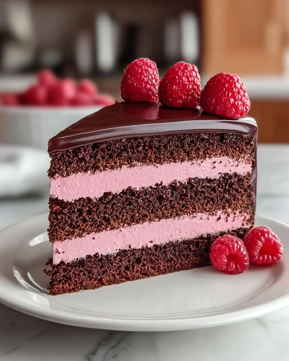 A slice of cake with five main layers sits on a white plate on a white marbled surface. The bottom, second, and fourth layers are dark brown chocolate cake with a moist texture. Between these cake layers are two thick layers of smooth, light pink cream. The top layer is a shiny, dark chocolate glaze that looks glossy and smooth. On top of the cake, there are several fresh, bright red raspberries. The background is softly blurred, showing a kitchen setting. photo taken with an iphone --ar 4:5 --v 7