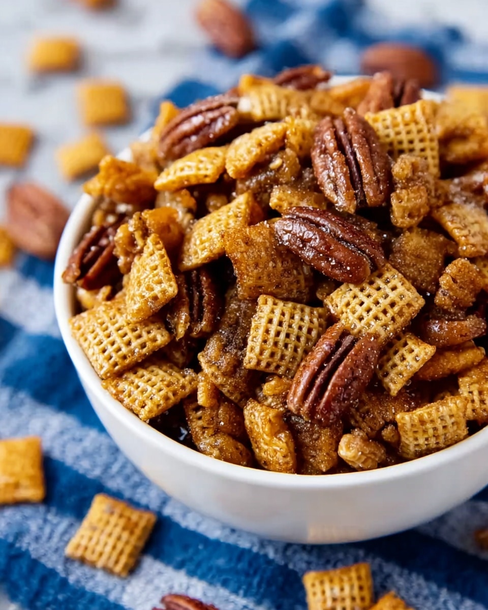 A close-up image of a white bowl filled with a snack mix of golden-brown, waffle-textured cereal pieces and darker brown pecans, showing a crunchy texture and a shiny, sugared coating on most pieces. The bowl is sitting on a blue and white striped cloth, and a few cereal pieces are scattered around the bowl on a white marbled surface. The mix looks crisp and sweet with a mix of square cereal bits and whole pecan halves stacked to fill the bowl. Photo taken with an iphone --ar 4:5 --v 7