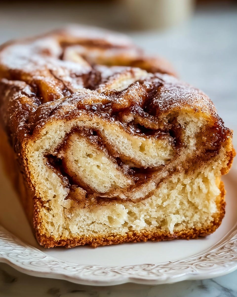 The image shows a close-up of a single slice of cinnamon swirl bread with three visible layers. The base layer is a light golden brown, soft bread with a slightly crumbly texture. Above it, there is a thick swirl of cinnamon that is dark brown and glossy, mixed with melted butter that creates a shiny, smooth look. The swirl is intertwined within the bread, giving a marbled effect, and there is a light dusting of white powdered sugar over the top layer. The slice is placed on a white ornate plate and the background is a white marbled texture. Photo taken with an iphone --ar 4:5 --v 7