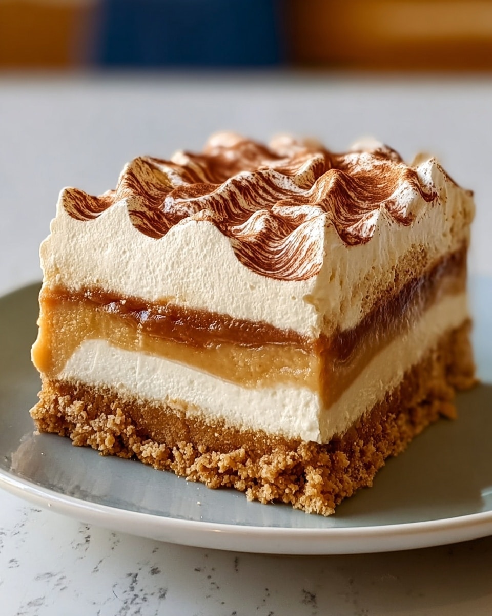 A four-layer dessert sits on a white plate against a white marbled background. The bottom layer is a thick, crumbly, brown crust that looks textured and crunchy. Above it is a smooth, creamy white layer that is about the same thickness as the crust. The third layer is a thick, golden brown filling with a slightly gelatinous texture. The top layer is a fluffy, light beige cream with soft peaks, dusted with cocoa powder in wavy lines. The overall look is rich and inviting with clear, distinct layers. photo taken with an iphone --ar 4:5 --v 7