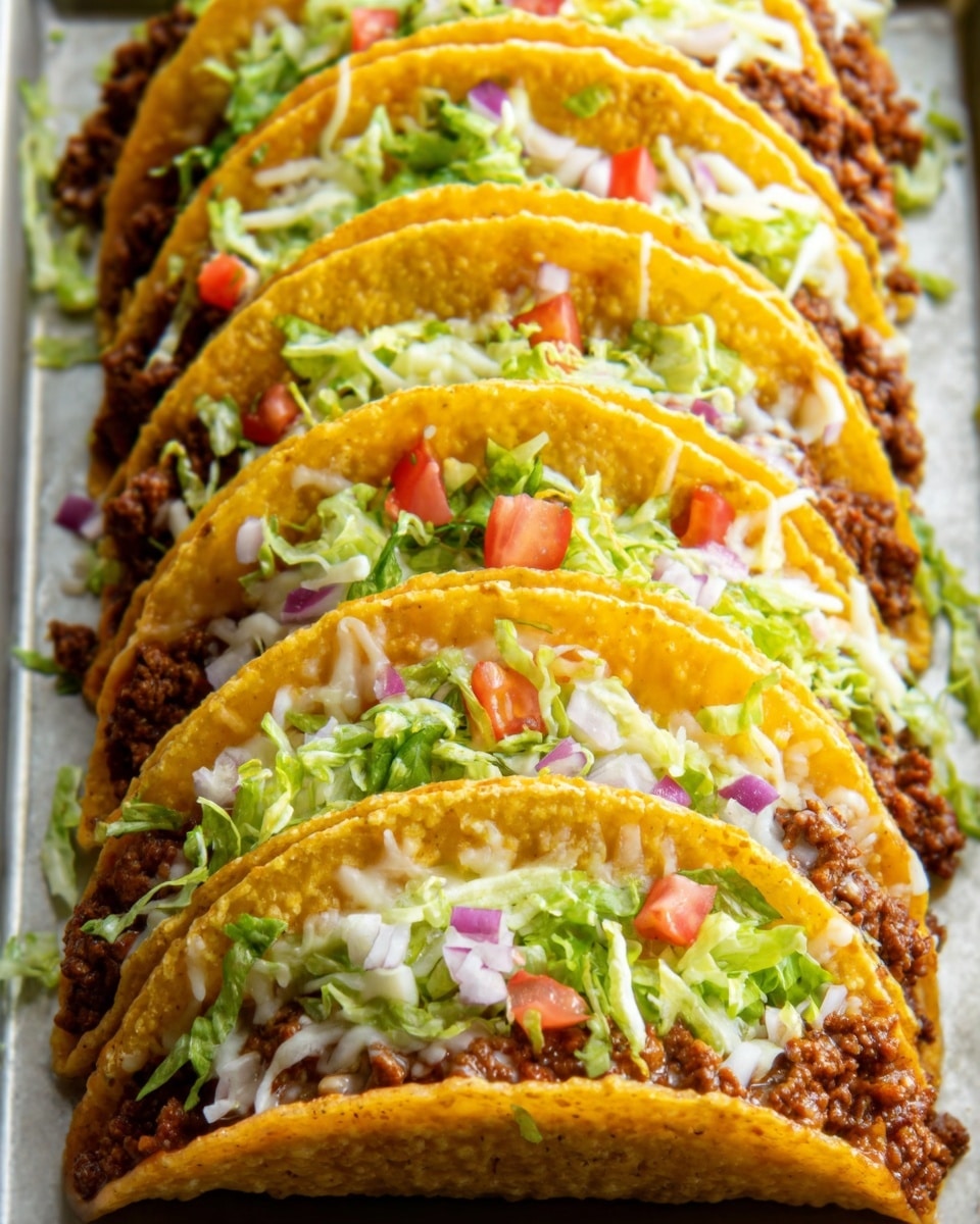 A row of golden yellow taco shells arranged neatly in a white tray, each filled with three main layers: the bottom layer has seasoned brown ground beef, the middle layer is melted white cheese covering the beef lightly, and the top layer consists of fresh green lettuce, small diced red tomatoes, and tiny bits of purple onion, with some chopped cilantro sprinkled on top. The edge of a woman's hand is gently holding the tray from the side. The background shows a white marbled surface. photo taken with an iphone --ar 4:5 --v 7