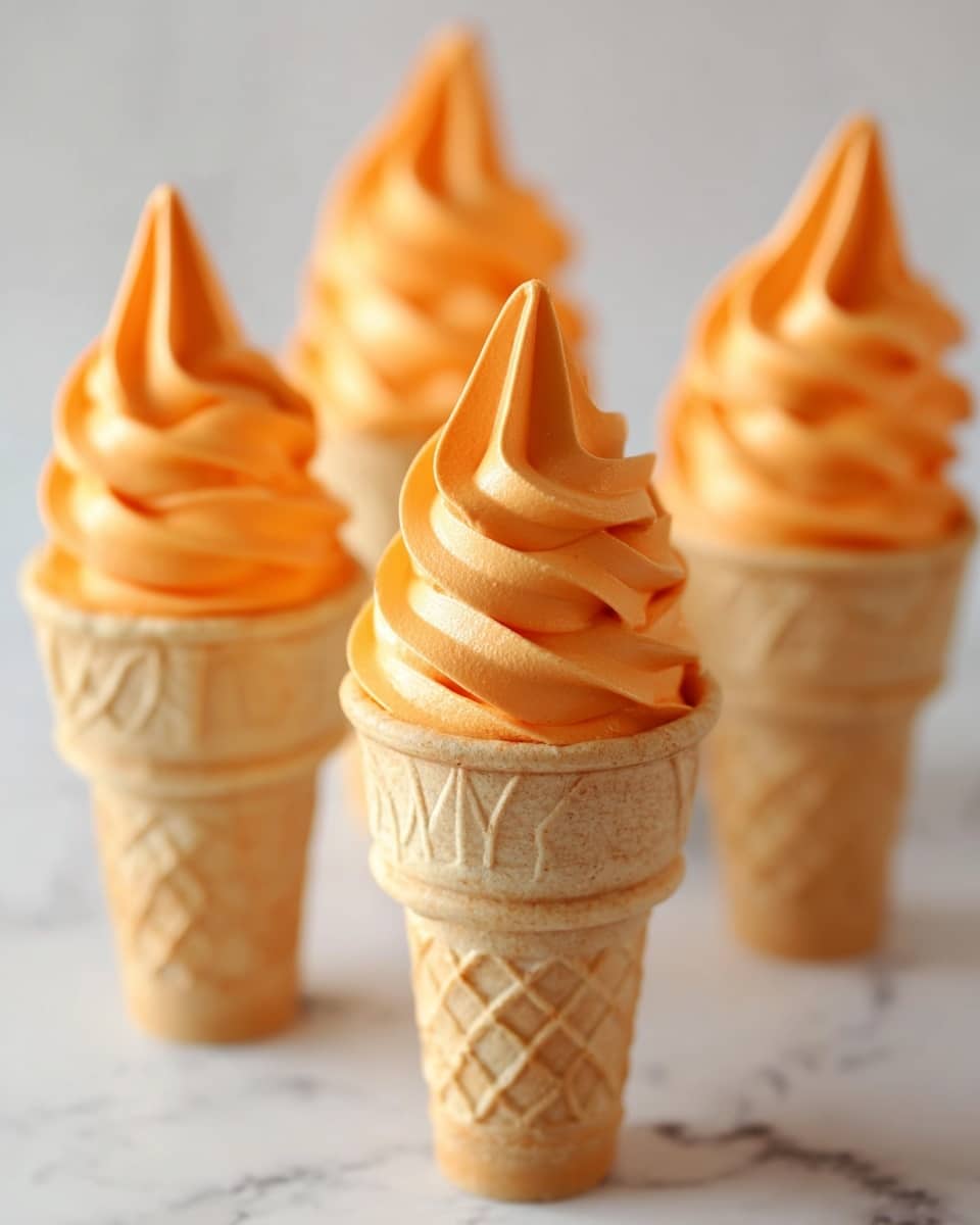 The image shows four soft serve ice cream cones with a light orange swirl on top, each cone having a visible waffle texture in a light beige color. The soft serve has multiple smooth, creamy layers stacked in a spiral, ending in a pointed tip. The cones are arranged in a slight diagonal line, with one cone in the foreground clearly in focus and the other three softly blurred in the background. The entire setup is on a white marbled texture surface with a soft, neutral background. photo taken with an iphone --ar 4:5 --v 7