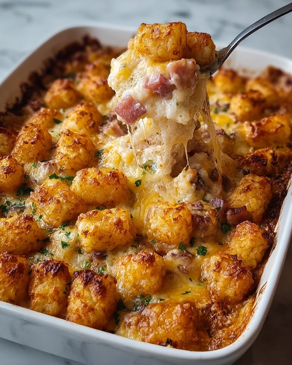 The dish is a baked tater tot casserole served in a white rectangular dish set on a white marbled surface. The top layer consists of golden brown, crispy tater tots arranged evenly, each showing a crunchy, textured surface. Below the tater tots is a thick layer of melted, gooey cheese mixed with small cubes of pink ham, partially browned and bubbling with rich melted cheesiness that stretches as a spoon lifts a portion from the dish. The cheese layer also has green herbs sprinkled throughout, adding color contrast. photo taken with an iphone --ar 4:5 --v 7