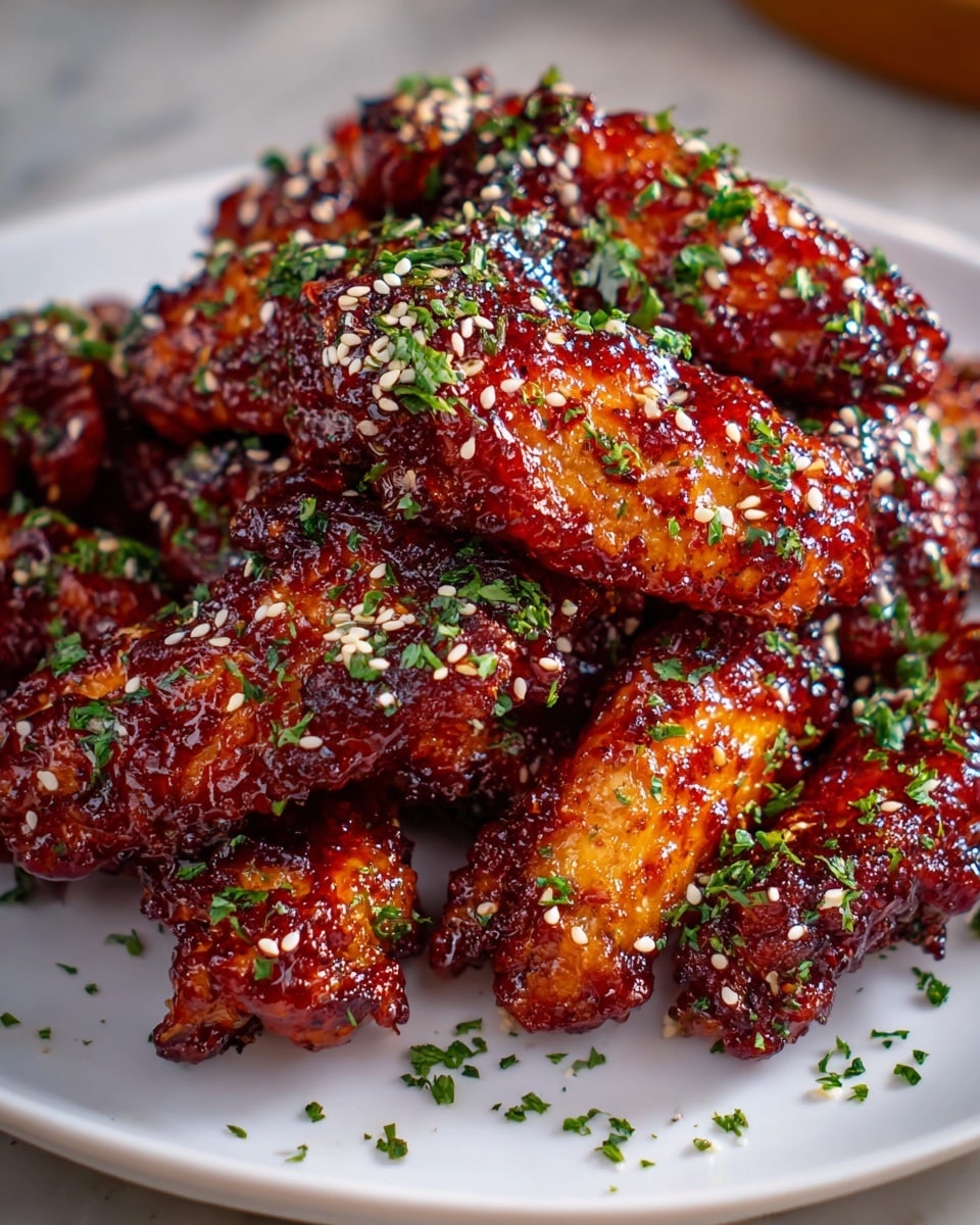 A white plate piled high with crispy chicken wings covered in a shiny, dark red glaze with sticky texture. The wings have a crunchy, caramelized coating and are sprinkled with small white sesame seeds and bright green chopped herbs scattered evenly over the top and around the plate edge. Each wing shows a rough, textured surface with a rich, deep color from the sauce. The plate sits on a white marbled surface with a blurred background, focusing close on the glistening wings. photo taken with an iphone --ar 4:5 --v 7
