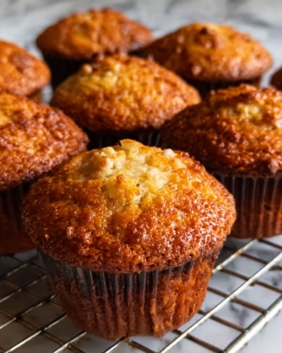 The image shows several golden brown muffins with a slightly crispy top crust and a soft, moist inside texture. Each muffin is in a dark, slightly shiny paper liner and arranged closely together on a metal cooling rack. The muffins have a rough and uneven top layer with some small bits of what looks like cheese or nuts baked into the surface, adding texture. The background is a white marbled surface, giving a clean and simple look. Photo taken with an iphone --ar 4:5 --v 7