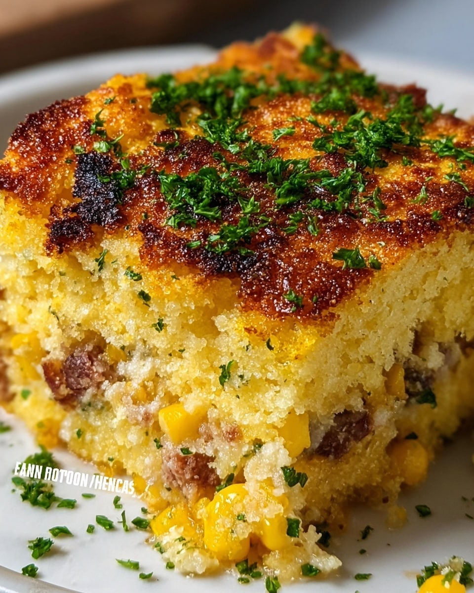 A close-up of a three-layered dish served on a white plate with a white marbled texture under it; the bottom layer is creamy and light yellow with bits of corn and pieces of brown meat mixed in, the middle layer is soft and moist yellow cornbread with small specks of green herbs, and the top layer is a crispy, golden brown crust with some charred edges sprinkled generously with chopped green herbs. photo taken with an iphone --ar 4:5 --v 7