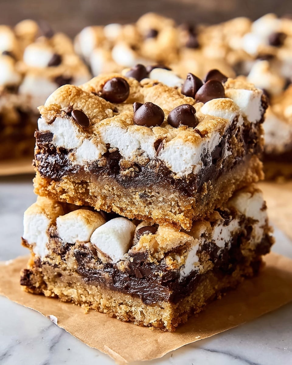 The image shows two stacked cookie bars with three clear layers. The bottom layer is a golden-brown cookie base with a crumbly texture. The middle layer is thick and dark brown, made of melted chocolate chips visible inside. The top layer is a golden cookie crust dotted with soft white marshmallows and shiny chocolate chips, all slightly sunken in and melted. The bars are placed on a sheet of parchment paper that rests on a white marbled surface. Photo taken with an iphone --ar 4:5 --v 7