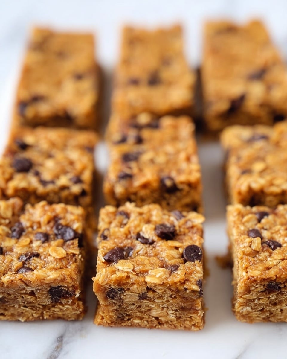 The image shows a close-up view of several square-shaped bars lined up on a white marbled surface. Each bar has a thick single layer with a rough texture, filled with tiny oats and small dark chocolate chips, giving a golden brown color mixed with spots of darker brown. The bars look moist and dense, with uneven tops that show bits of oats and chocolate. The arrangement is neat and highlights the chunky, chewy texture of the bars. photo taken with an iphone --ar 4:5 --v 7