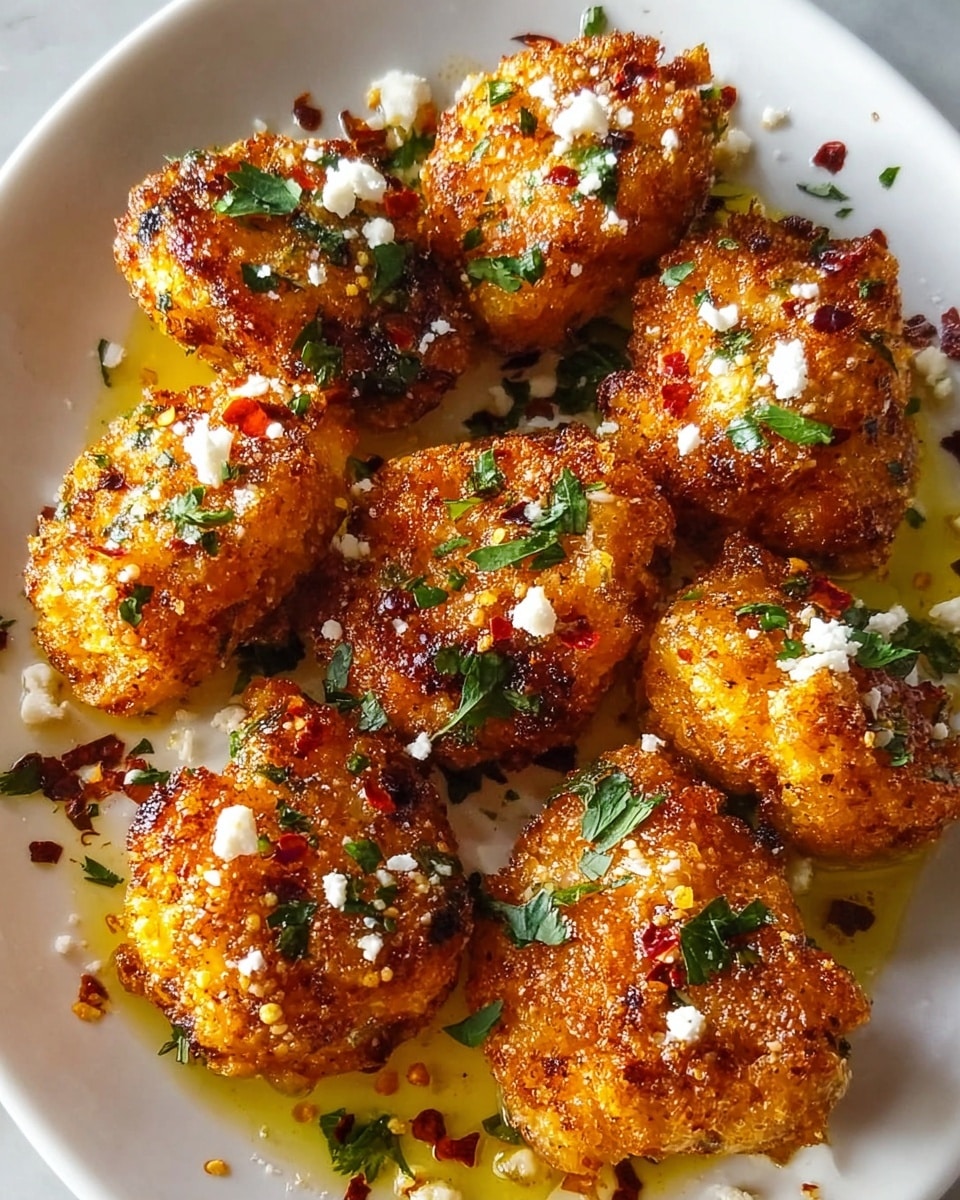 The image shows eight golden-brown fried pieces arranged closely on a white plate, each piece covered with a slightly crispy texture and tiny crunchy bits. The dish is sprinkled with small green parsley leaves and white crumbly cheese, adding fresh and creamy touches. Scattered red chili flakes and a drizzle of yellow oil surround and coat the pieces, creating a glossy, flavorful look. The background is a white marbled texture. photo taken with an iphone --ar 4:5 --v 7