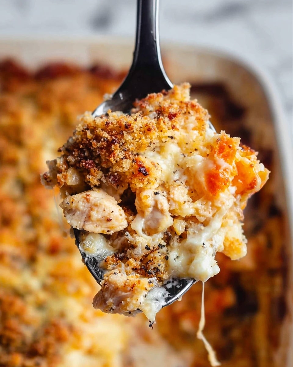 A close-up of a black spoon holding a layered baked dish, showing three main layers: the top layer is a golden-brown crispy crumb topping with a rough texture, the middle layer is a mix of bubbly, melted creamy white and orange cheese, and the bottom layer contains chunks of cooked chicken mixed with lightly browned bits and some black specks, likely seasoning. The background shows more of the same dish with a soft focus, all set against a white marbled surface. photo taken with an iphone --ar 4:5 --v 7