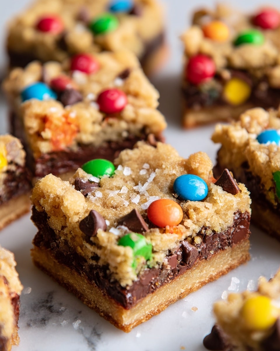 The image shows thick square bars with three visible layers: the bottom layer is a dense brown chocolate base, the middle layer is rich melted chocolate with chocolate chips, and the top layer is crumbly and golden brown cookie dough dotted with colorful candy coated chocolates in red, green, blue, yellow, and orange. Some chocolate chips peek through the crumbled top layer, and there are small flakes of coarse salt sprinkled on top. The bars rest closely together on a white marbled surface. photo taken with an iphone --ar 4:5 --v 7