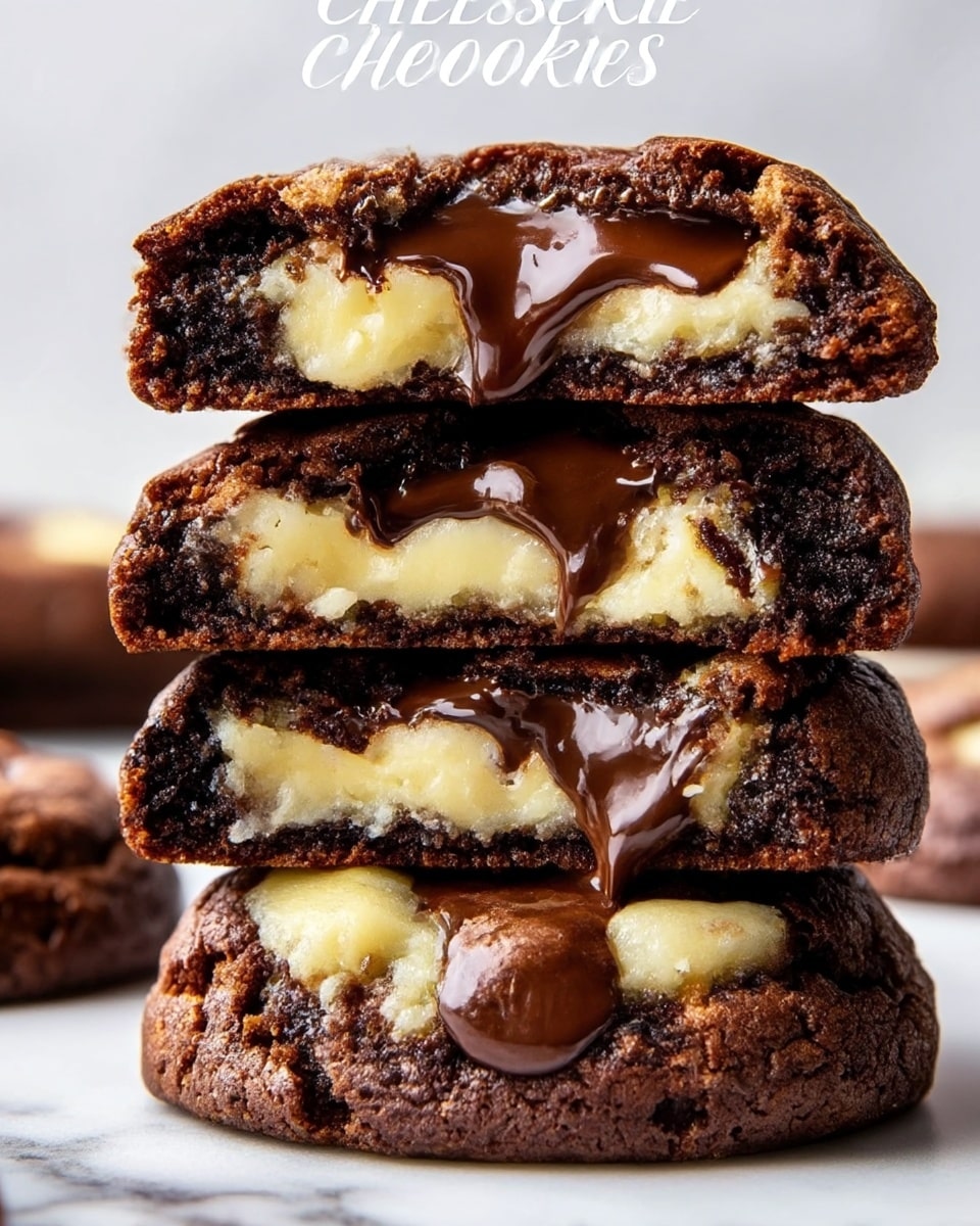 The image shows a close-up of three stacked cheesecake cookies on a white marbled surface. Each cookie has a dark brown, crumbly outer chocolate cookie layer with a cracked texture on top. Inside, there are two visible middle layers: a creamy, pale yellow cheesecake filling and a smooth, glossy dark chocolate center that looks soft and slightly melted. The cookies are thick and dense, with the top cookie partially broken to reveal the distinct layers inside. Light falls evenly, highlighting the rich textures of the cookie and filling. Photo taken with an iphone --ar 4:5 --v 7