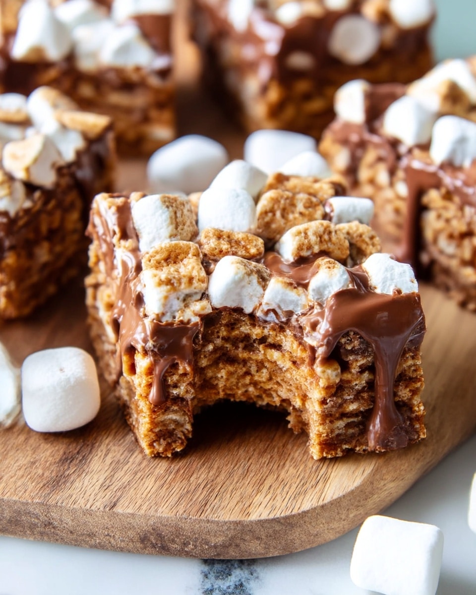 The image shows a close-up of thick, square dessert bars on a wooden board, with one bar partially bitten to reveal its chewy texture. Each bar has several layers, starting with a golden brown crispy base, topped with a mix of mini white marshmallows and broken light brown cereal pieces, all covered in a glossy, melted milk chocolate layer that drips slightly over the edges. The wooden board rests on a white marbled surface, and a few whole white marshmallows are placed nearby. photo taken with an iphone --ar 4:5 --v 7