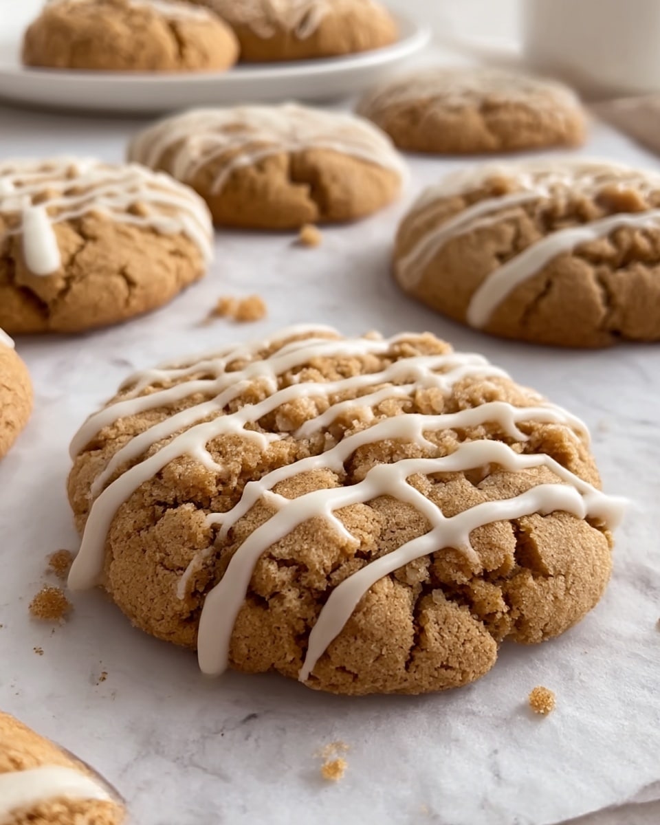 The image shows several soft brown cookies with crumbly texture on a white marbled surface, each cookie topped with a thin drizzle of white icing arranged in irregular lines across their rough cracked tops. The cookies look thick and chunky with uneven surfaces and a slightly golden tinge around the edges. In the background, some cookies are placed on a white plate, maintaining a neat and clean look. Photo taken with an iphone --ar 4:5 --v 7
