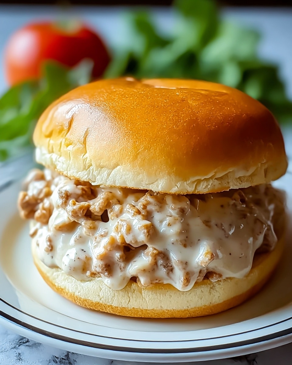 A close-up of a sandwich on a soft, shiny light brown bun holds a thick layer of creamy sausage gravy mixed with chunks of browned sausage, overflowing slightly from the sides. The sandwich sits on a white plate with a thin double black line near the edge, placed on a white marbled textured surface. In the softly blurred background, a green leafy vegetable and a red tomato add color. Photo taken with an iphone --ar 4:5 --v 7