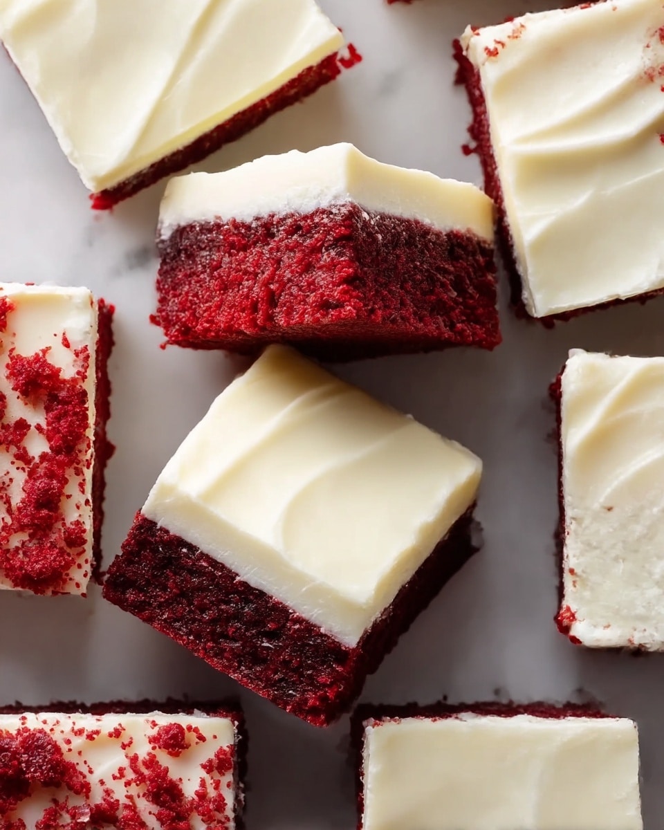 The image shows several pieces of red velvet cake cut into squares, each with two clear layers: a dense, dark red bottom layer with a soft, moist texture, and a thick top layer of smooth, creamy white frosting with slight wave patterns on its surface. The cakes are arranged close to each other on a white marbled texture background, some showing the red crumb topping peeking through the frosting. One cake piece is slightly lifted above the others, showing the sharp contrast between the bright red of the cake and the pure white of the frosting. photo taken with an iphone --ar 4:5 --v 7