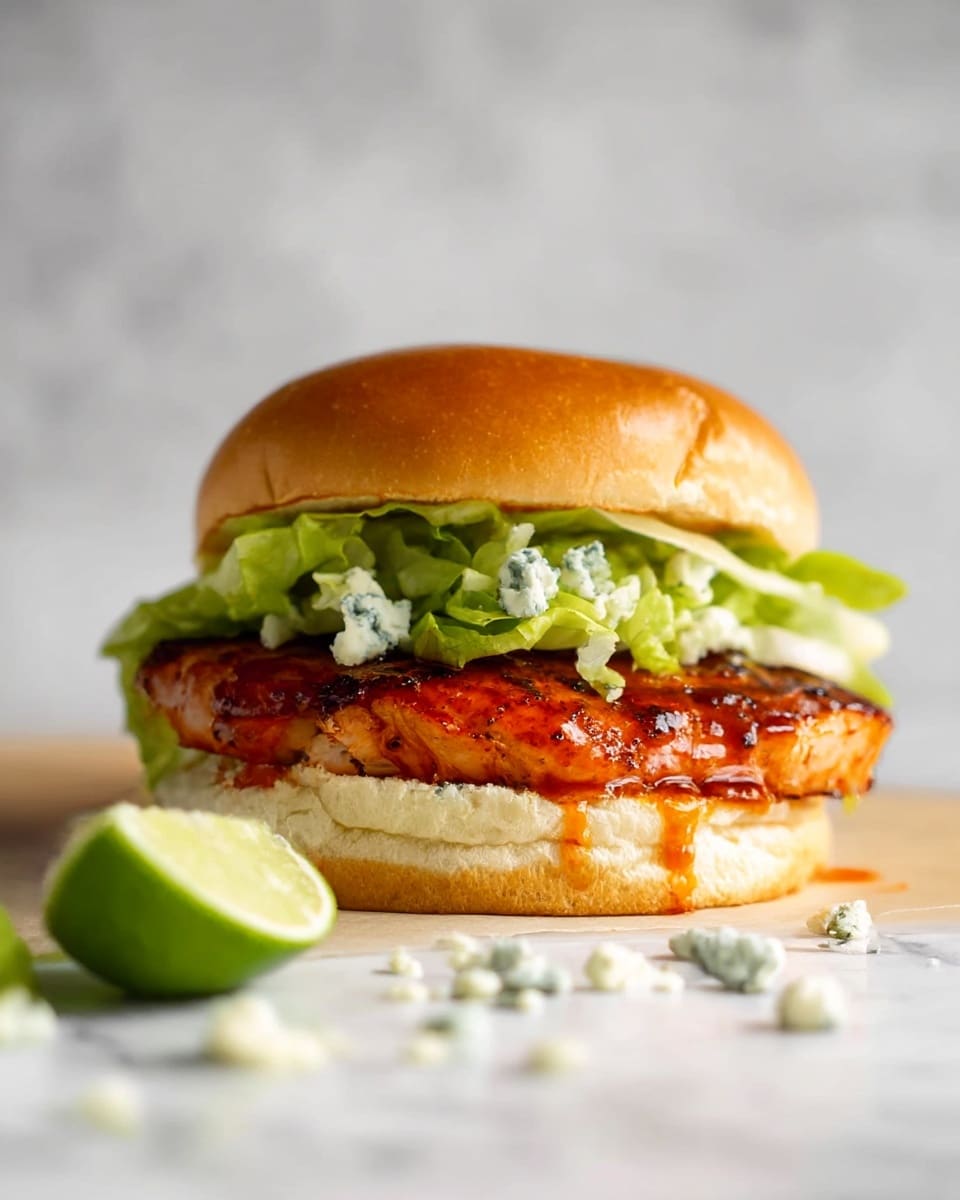A close-up side view of a chicken sandwich showing three main layers. The bottom layer is a soft, lightly toasted white bun with some sauce visible on its top surface. Above it is a grilled chicken breast with a reddish, slightly glazed texture. On top of the chicken, there is a layer of fresh green lettuce mixed with some small pieces of blue cheese. The sandwich is topped with a shiny, golden-brown soft bun. In the foreground, there is a wedge of lime and some scattered blue cheese crumbs on a light-colored surface with a white marbled texture. Photo taken with an iphone --ar 4:5 --v 7