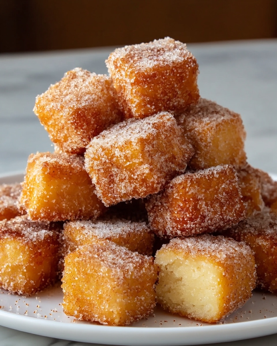 A close-up view of a white plate filled with about a dozen small, square pieces of fried dough, each coated evenly with a layer of fine granulated sugar and cinnamon, giving them a sparkling and slightly rough texture. The dough cubes have a golden-brown crust on all sides, with some areas showing a deeper caramelized color. They are stacked in a small mound, with the smooth, slightly porous inside visible on a few pieces. The background is softly blurred with a warm tone resting on a white marbled surface. Photo taken with an iphone --ar 4:5 --v 7