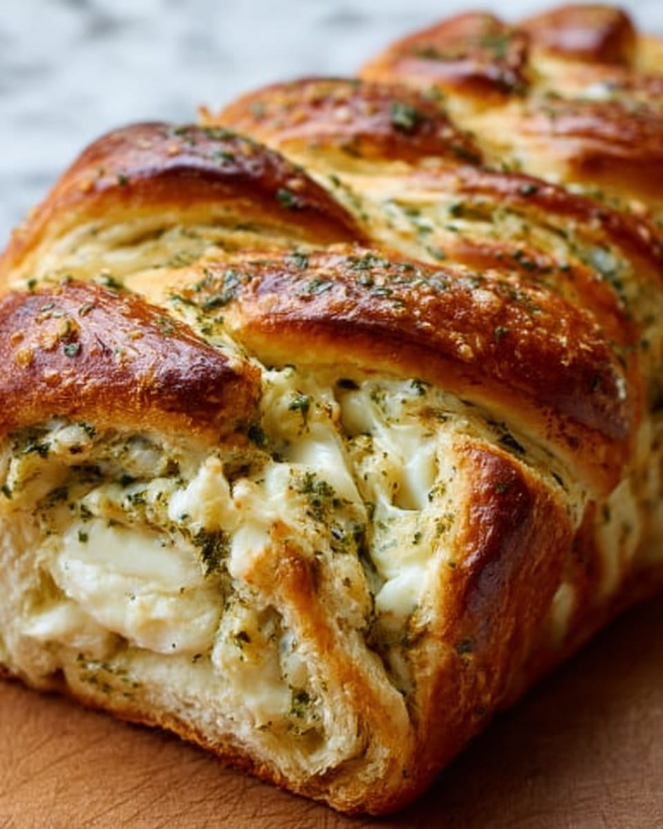 The image shows a close-up of a golden-brown braided bread with a shiny crust. The bread has three thick layers of dough twisted together, each layer light and fluffy with a creamy white cheese filling mixed with green herbs, clearly visible in the swirls. The texture of the bread looks soft inside but slightly crispy outside, and the herbs add a speckled green touch on the cheese and the crust. The background is a white marbled surface. Photo taken with an iphone --ar 4:5 --v 7