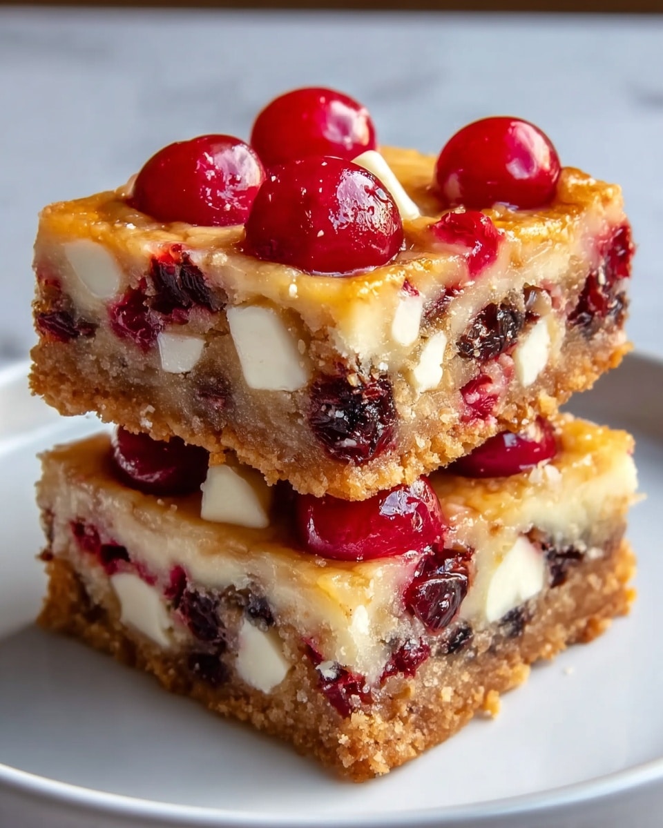 Two square dessert bars are stacked on a white plate set on a white marbled surface. Each bar has three visible layers: a thick, golden-brown crumbly base with a slightly rough texture; a middle layer filled with dark red dried cranberries and white creamy chunks that look slightly melted; and a top layer which is a shiny golden-brown baked custard with whole bright red cherries embedded on top, adding a glossy and juicy finish. The bars' edges are crisp and the filling looks moist and rich. Photo taken with an iphone --ar 4:5 --v 7