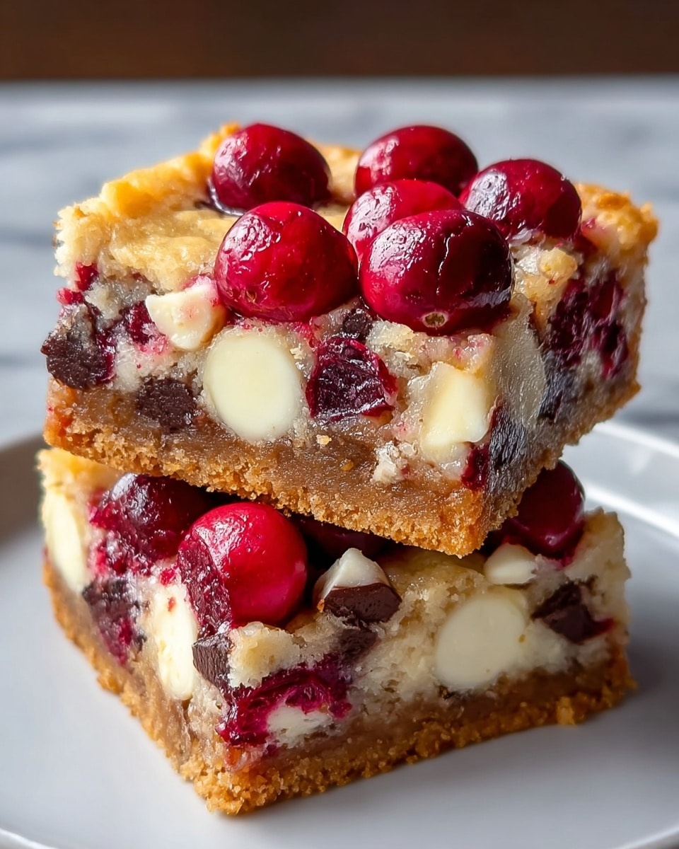 Two square pieces of dessert bars are stacked on a white plate, placed on a white marbled surface. Each bar has three visible layers: the bottom layer is a dense, golden-brown crust with a slightly crumbly texture; the middle layer is filled with melted white chunks and dark chocolate pieces mixed with red dried cranberries giving a chewy texture; the top layer is a slightly golden baked surface dotted with whole, shiny red cherries that look juicy and glossy. The bars show a mix of smooth, gooey, and crumbly textures with a rich color palette of golden brown, white, deep red, and dark brown. Photo taken with an iphone --ar 4:5 --v 7