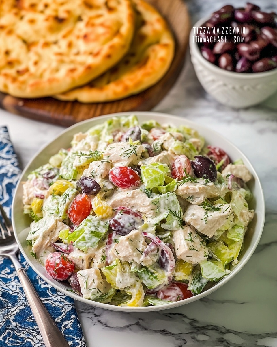 The image shows a white bowl filled with tzatziki chicken salad on a white marbled surface. The salad has multiple layers and colors: creamy white dressing coats chunks of white chicken, green lettuce, bright red cherry tomatoes, dark purple olives, and pale yellow pepper slices, all mixed together with visible herbs giving it a fresh look. Behind the bowl, there are two round, golden brown flatbreads on a wooden board, and to the right, a small white bowl filled with dark olives. A silver fork is placed on the left side of the bowl near the edge of the frame. photo taken with an iphone --ar 4:5 --v 7