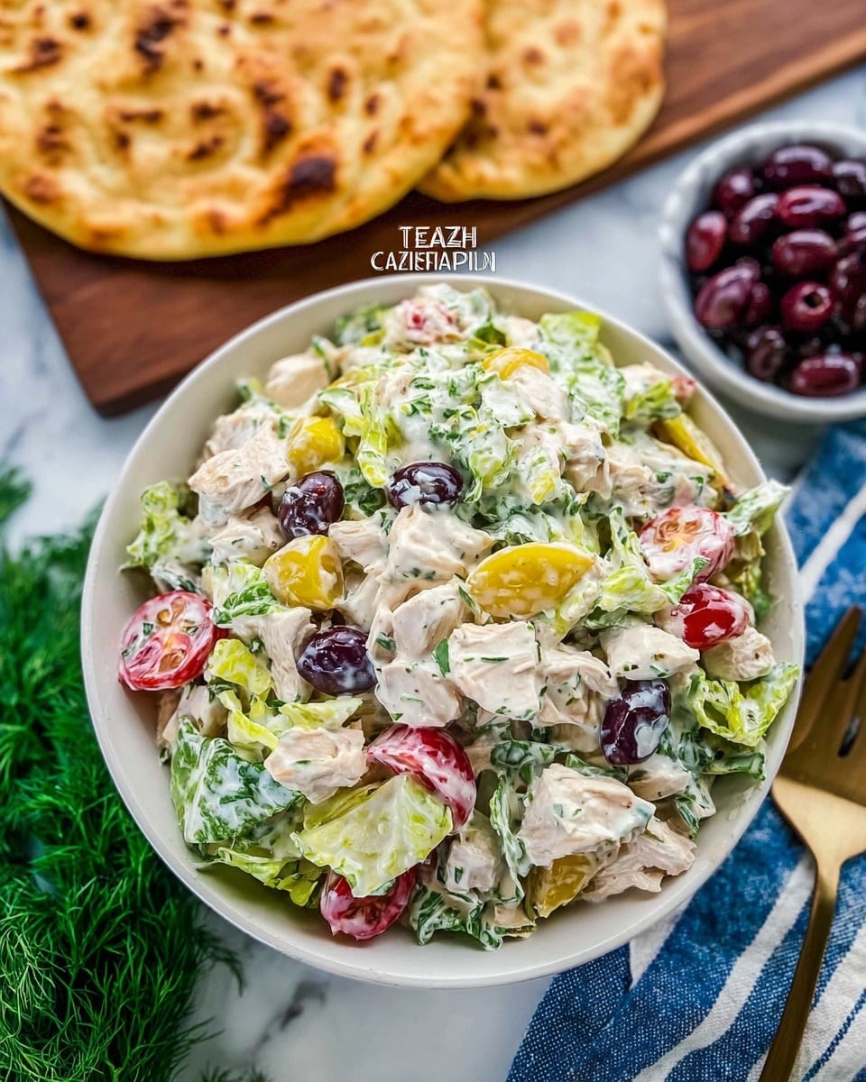 A white bowl filled with a creamy salad made of small white chicken pieces mixed with green lettuce, chopped yellow pepper rings, red cherry tomato halves, and black olives scattered throughout. The creamy dressing coats all the ingredients evenly, giving a soft and rich texture. Behind the bowl, there are two round pieces of flatbread with golden brown spots, placed on a wooden board, and a small white bowl of dark purple olives to the right. All items rest on a white marbled surface with a blue and white striped cloth near the olives and fresh green dill nearby. Photo taken with an iphone --ar 4:5 --v 7