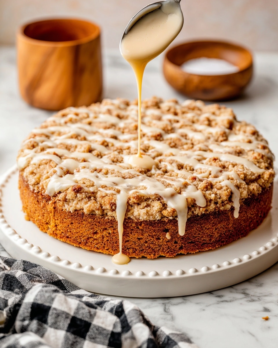 A round, thick crumb cake sits on a white plate with small bead details on its edge. The cake has two visible layers: a dense, golden brown base and a rough, chunky crumb topping with a mix of light and darker brown shades. A creamy, light beige glaze is being drizzled in thin lines from a spoon held above the center, some glaze trickling down the cake’s sides. In the background, there is a wooden cup and bowl, with salt in the bowl, placed on a white marbled surface. A black and white checkered cloth is in the foreground photo taken with an iphone --ar 4:5 --v 7