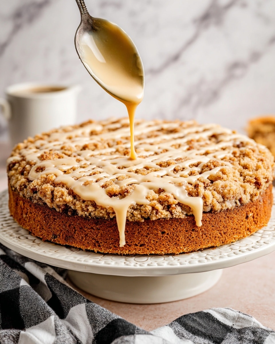 A round coffee crumb cake sits on a white decorative plate with a thick, crumbly, golden-brown bottom layer and a uneven crumb topping. Light beige glaze with a smooth, creamy texture drips from a silver spoon held above, creating thin lines over the crumb topping and some glaze dripping down the side of the cake. The background features a white marbled texture and a black and white checkered cloth is partly visible in the foreground. photo taken with an iphone --ar 4:5 --v 7