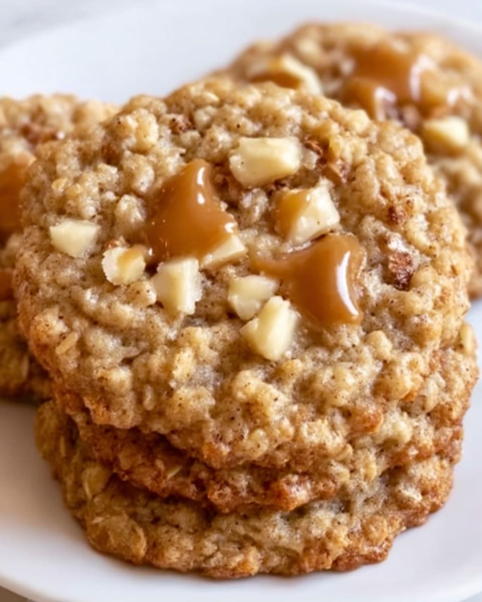 The image shows a close-up view of three oatmeal cookies stacked on a white plate. Each cookie has a rough, textured surface with small pieces of chopped nuts and bits of caramel topping visible on top. The oatmeal base is light brown with a soft, chewy appearance. The caramel pieces add a glossy, slightly darker brown color and a smooth texture contrasting with the rough oatmeal. The background is a white marbled surface. Photo taken with an iphone --ar 4:5 --v 7