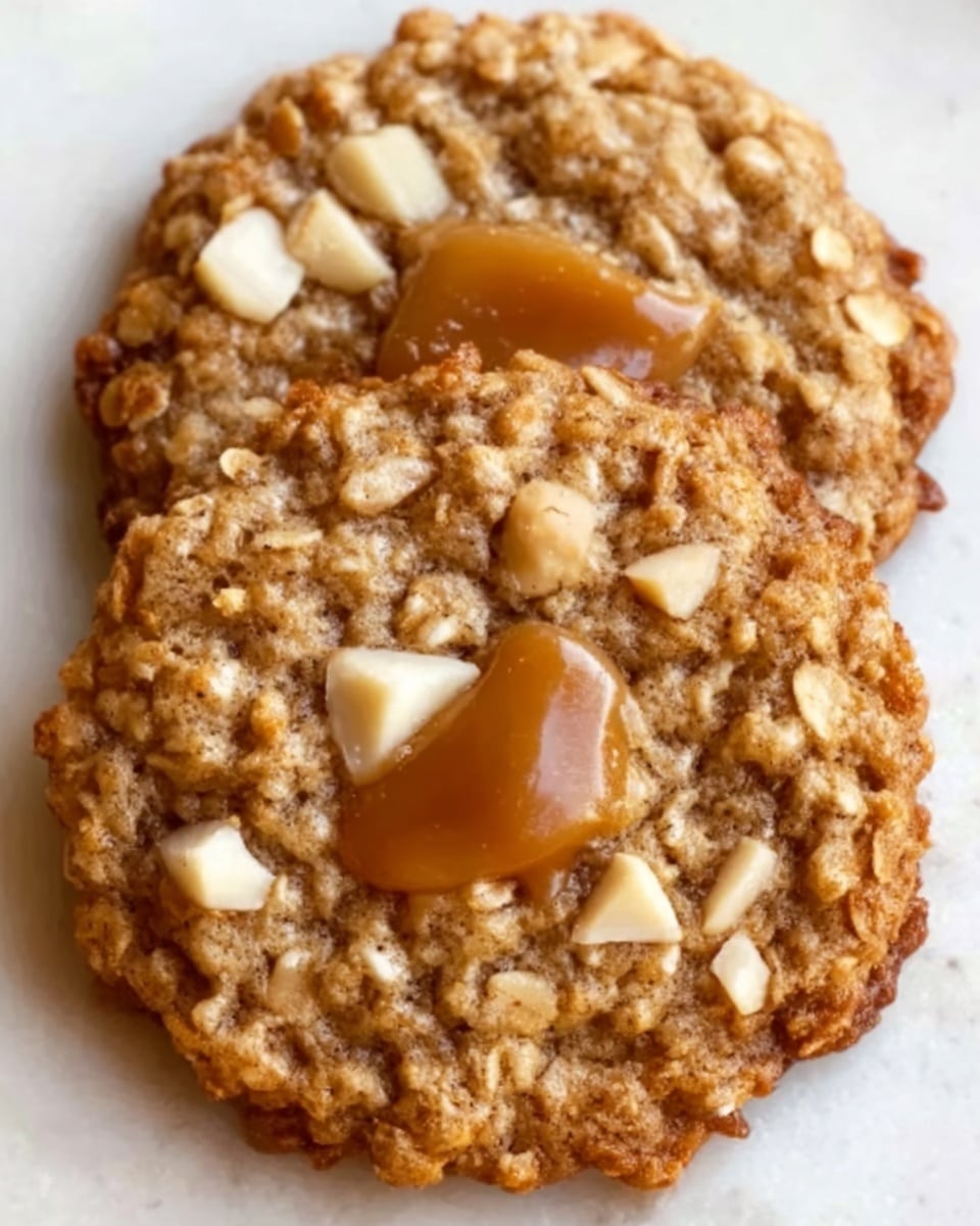 The image shows two oatmeal cookies with a rough, chunky texture placed closely together on a white marbled surface. Each cookie has uneven, golden-brown edges with visible oats, making the surface bumpy, and small sliced pieces of light beige nuts scattered on top. In the center of each cookie, there is a slightly glossy, caramel-colored dollop adding a smooth and shiny contrast to the rough texture of the oats. The cookies have a warm, homemade look with a natural and rustic feel. Photo taken with an iphone --ar 4:5 --v 7