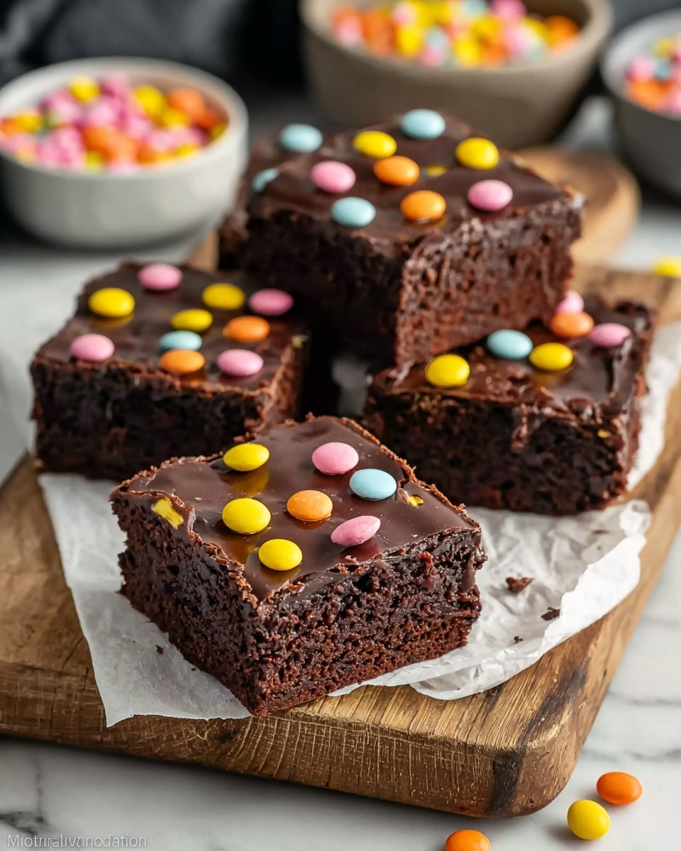 Four square chocolate brownies with a thick, shiny dark chocolate layer on top, decorated with small round candy pieces in yellow, pink, orange, and blue colors scattered evenly. The brownies have a dense, moist texture with a rich chocolate color inside. They are placed on white parchment paper over a wooden board, set on a white marbled surface. In the background, there are blurred bowls filled with more colorful candy pieces. Photo taken with an iphone --ar 4:5 --v 7