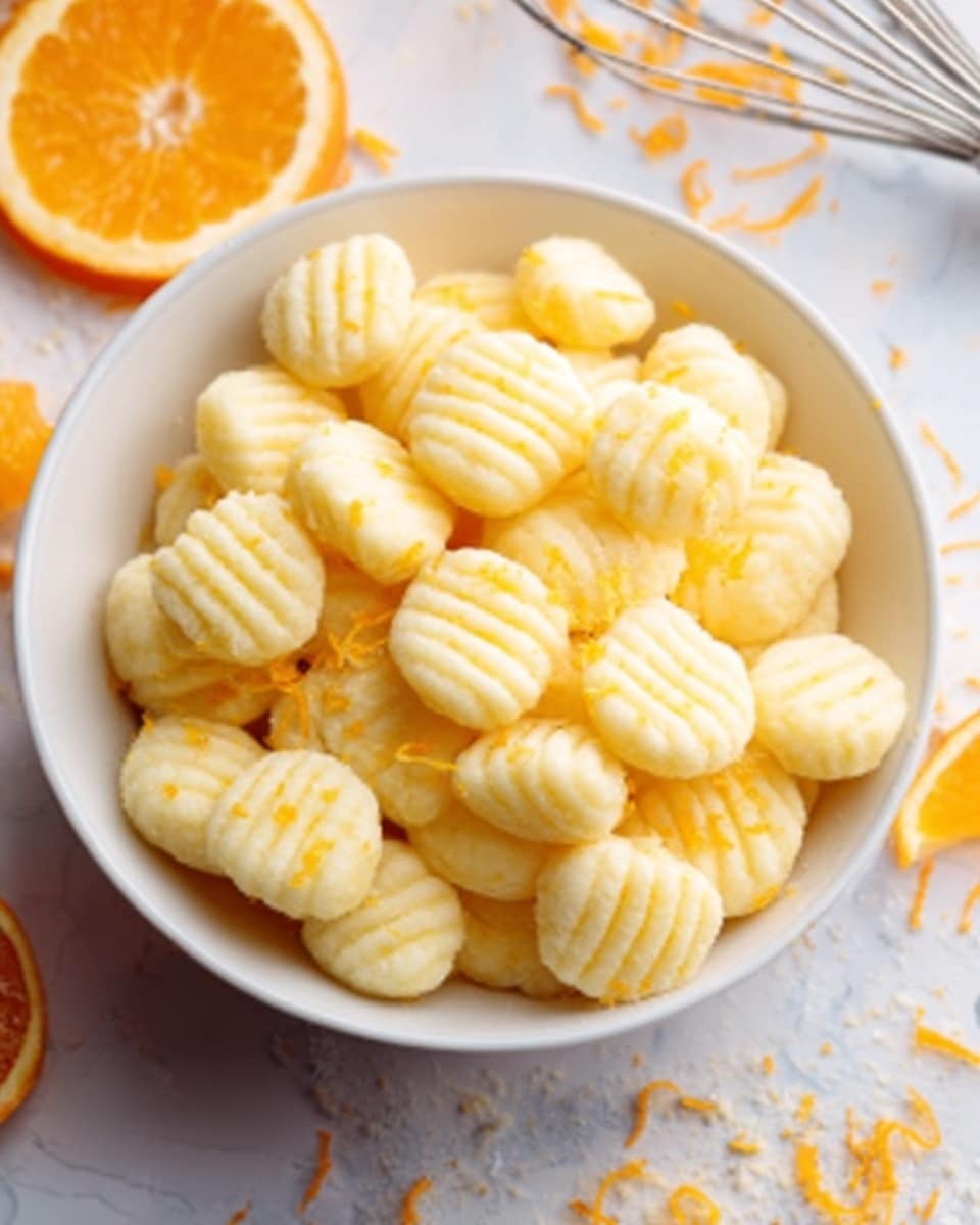 A white bowl filled with small, round, ridged yellow gnocchi, each piece showing delicate lines on its surface. Around the bowl, there are slices of fresh orange and scattered zest adding bright touches of color. A whisk is partially visible in the upper right corner, placed on a white marbled textured surface. The image shows soft, natural light emphasizing the smooth texture of the gnocchi. photo taken with an iphone --ar 4:5 --v 7