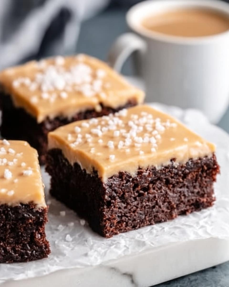 The image shows three square pieces of rich, dark chocolate brownie topped with a smooth layer of light caramel-colored frosting. Each piece is sprinkled with small white sugar crystals, adding texture and contrast to the soft frosting. The brownies are placed on white parchment paper on a white marbled surface. In the background, there is a blurred white cup with a light brown drink inside. Photo taken with an iphone --ar 4:5 --v 7