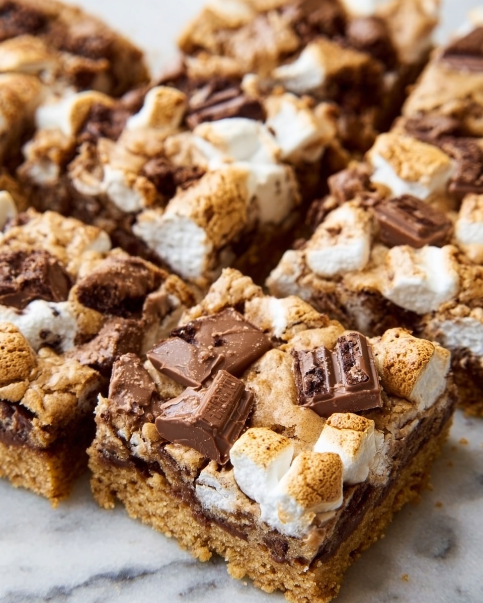 The image shows several square pieces of a cookie-like dessert arranged closely together on a white marbled surface. Each piece has a thick, golden-brown base layer with a chewy texture, topped with gooey melted marshmallows that are white and slightly toasted. Scattered on the top are chunks and small pieces of chocolate bars in light and dark brown, partly melted and embedded into the marshmallow layer. The dessert looks rich and gooey with a rough textured top. photo taken with an iphone --ar 4:5 --v 7