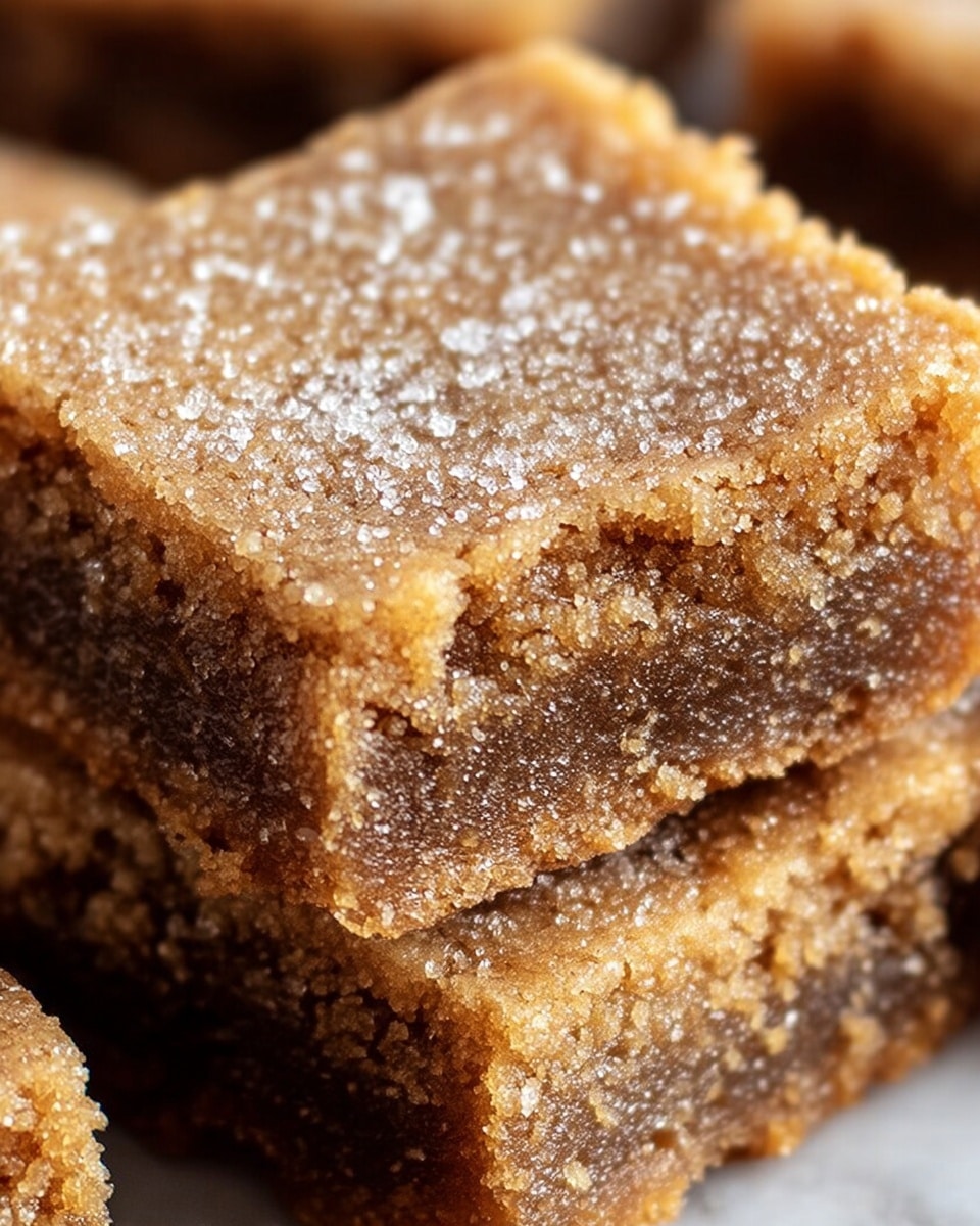 A close-up image of two stacked squares of soft, crumbly brown sugar bars with a slightly cracked top layer sprinkled lightly with granulated sugar. The bars show a moist and dense texture with a rough, grainy surface, and the bottom layer is a little darker than the top. The background is blurred but shows more pieces of similar bars on a white marbled surface. photo taken with an iphone --ar 4:5 --v 7