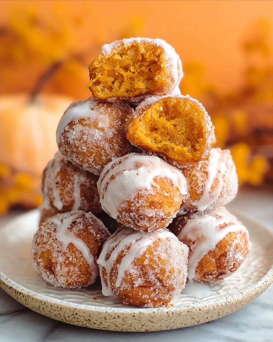 A stack of round fried dough balls covered in sugar crystals and drizzled with white icing sits on a white plate with a textured pattern; the dough balls are golden brown with a rough, crispy surface, and the top dough ball is broken open, showing a soft, crumbly bright orange inside. The background features soft orange shapes, adding warmth to the image. The plate is placed on a white marbled surface. photo taken with an iphone --ar 4:5 --v 7