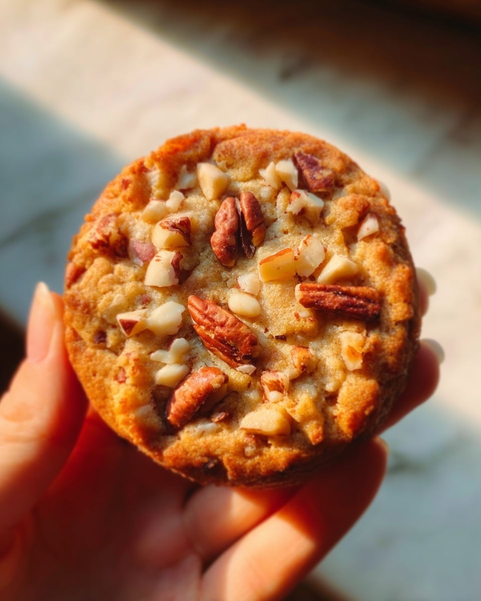 A close-up of a small round cookie held by a woman's hand, showing a golden-brown baked surface with a rough texture. The cookie is topped with small chunks of nuts, likely pecans, scattered unevenly. The background is softly blurred with warm light coming from the side, and the image is set on a white marbled surface. Photo taken with an iphone --ar 4:5 --v 7