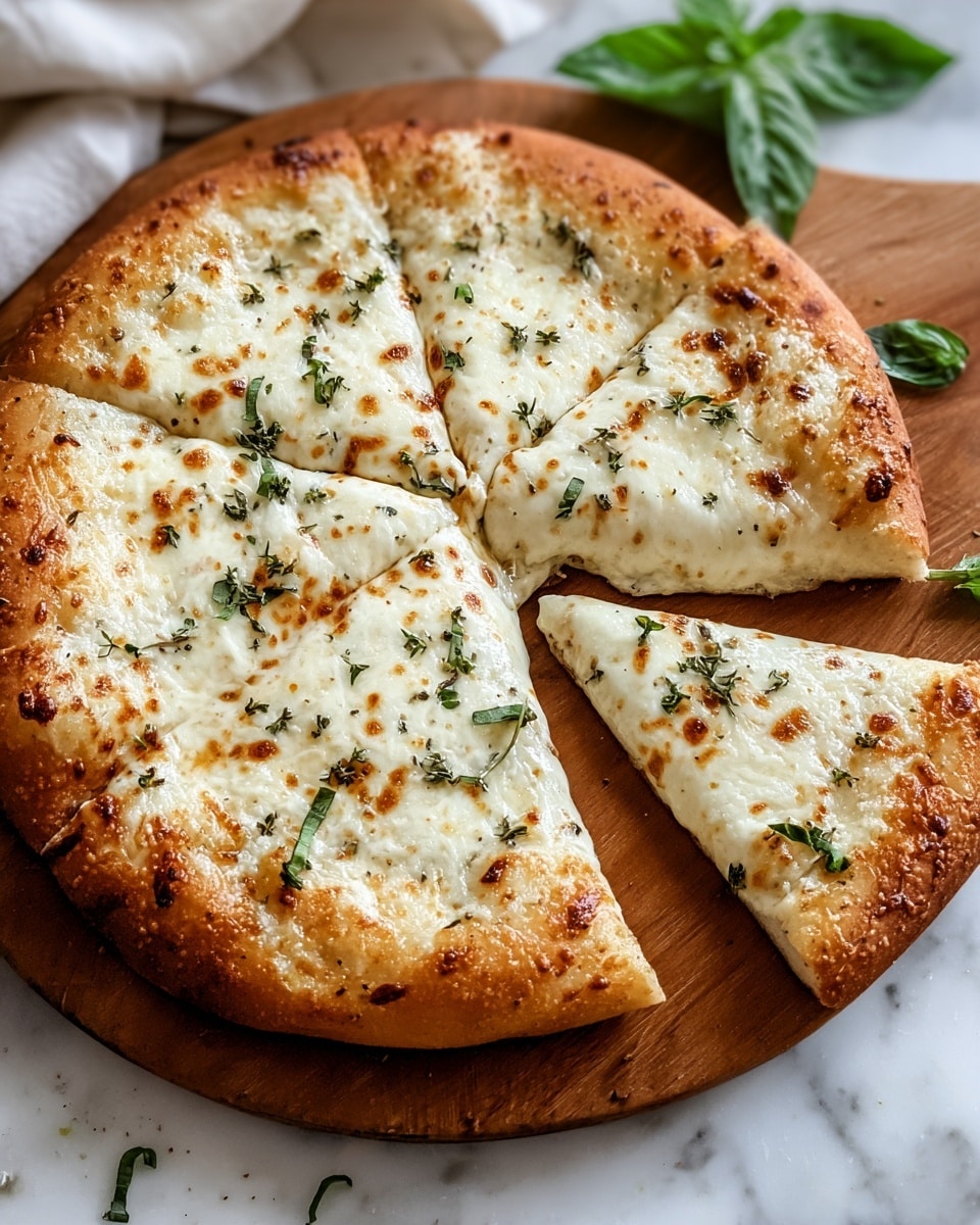 A round pizza with a thick, golden brown crust sits on a wooden board placed on a white marbled surface. The pizza is cut into six slices, with one slice slightly pulled away from the rest. The top layer is covered with melted white cheese that has golden brown spots and a creamy, smooth texture. Small green herb leaves are scattered evenly across the pizza, adding a fresh look. The crust looks soft but slightly crispy on the edges. A couple of fresh green basil leaves rest near the top right of the board. photo taken with an iphone --ar 4:5 --v 7