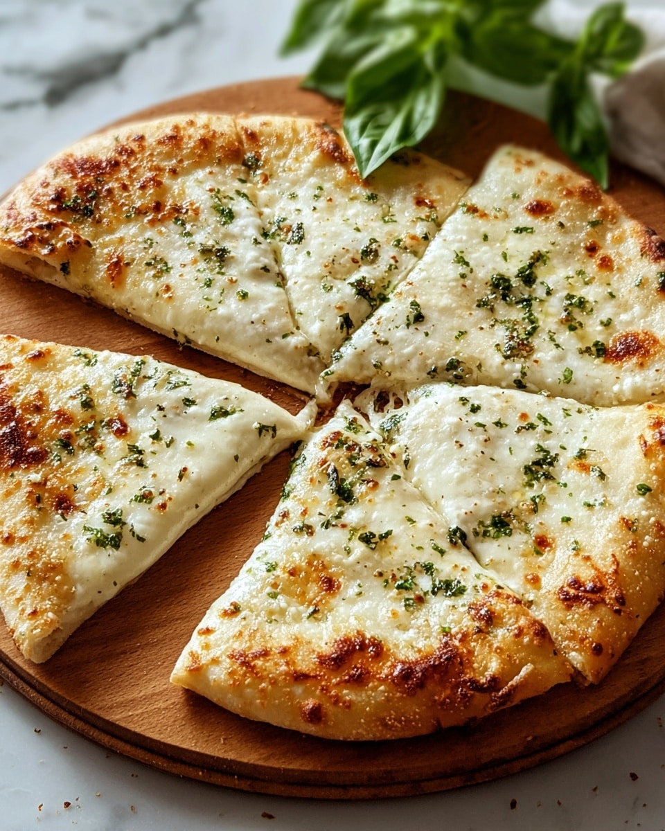 A white pizza cut into four large triangular slices rests on a round wooden board, with one slice slightly pulled away from the rest. The pizza has a thin golden-brown crust, topped with a creamy layer of melted white cheese that has light brown bubbly spots. Small green herb pieces are sprinkled evenly across the cheese, adding a touch of color and texture. Fresh green basil leaves sit in the background, enhancing the fresh and savory look. The scene is set on a white marbled surface. photo taken with an iphone --ar 4:5 --v 7