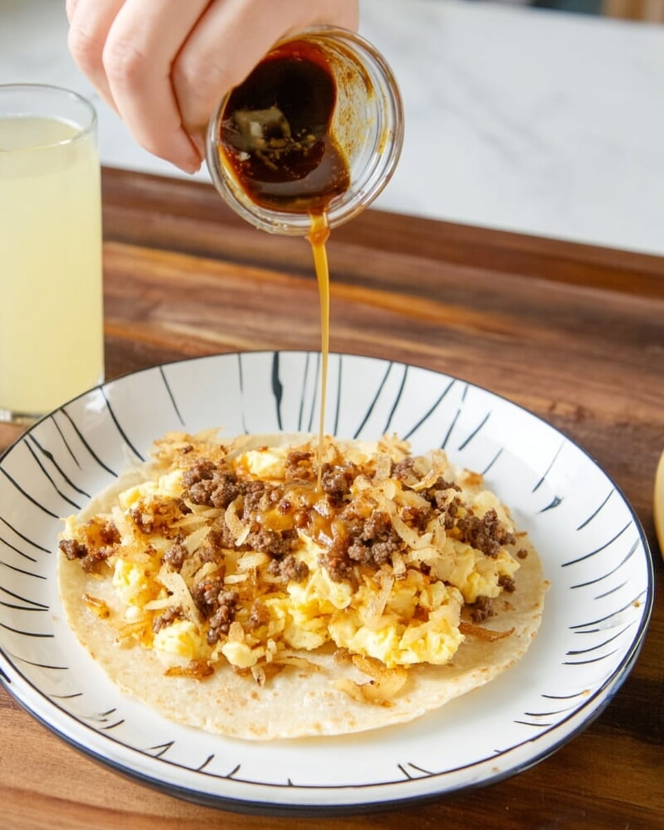 A white plate with subtle black line patterns around the edge holds a single layer of a thin, light brown tortilla. On top, there is a piled layer of scrambled eggs mixed with golden brown hash browns and small pieces of browned ground meat. A dark brown sauce is being poured over the eggs from a small container held by a woman's hand above the plate. The scene is set on a wooden surface next to a glass of light yellow liquid. The background is a white marbled texture. photo taken with an iphone --ar 4:5 --v 7